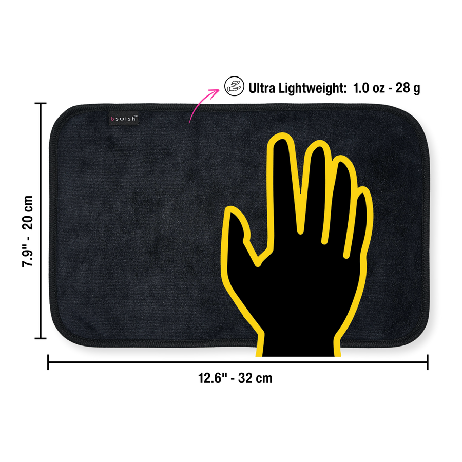 A soft black after-sex towel showing its dimensions and weight, ready for Post-Intimacy clean-up.